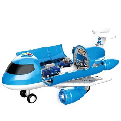 China Toy Storage Small Friction Police Toy Aircraft Cartoon Model Carrier Carry Sound And Light Alloy Diecast Car Set Music Airplane Car Toy for sale