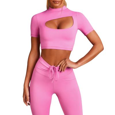 China Outdoor Breathable Hollow Short Sleeve Drawstring Yoga Set Sexy Two Piece Workout Set Fitness Sports Suits for sale