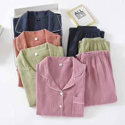 China High Quality Solid Breathable Basic Couples Cotton Nightgown Button Up Long Sleeve Premium Sleepwear Set for sale