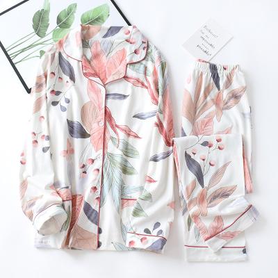 China Breathable Wholesale Spring Leaves Printed Women's Pajamas Cotton Brief Set Two Piece Fashion Long Sleeve Home Clothes Sleepwear for sale