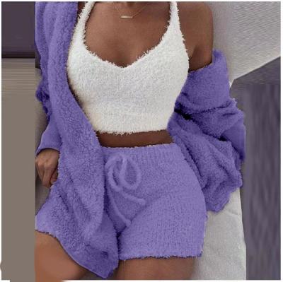 China Comfortable Women's Hot Sexy Fuzzy Fleece 3 Piece Teams Winter Pajamas Sherpa Outwear Coat Jacket And Spaghetti Tie Crop Top Shorts Set for sale