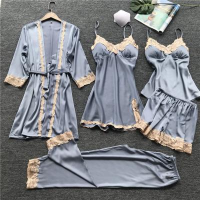 China Korean Women's Summer Pajamas Sexy Suspender Home Wear QUICK DRY With Chest Protection 5 Piece Satin Nightgown Plus Size Pajama Sets for sale