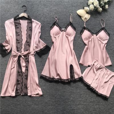 China QUICK DRY Women's Pajamas 4 Piece Suspender Women's Night Wear Home Wear With Chest Protector Long Robe Satin Sleepwear Lace Nightgowns Silk Robe Set for sale