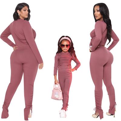 China New Fashion Color Amazon QUICK DRY Sheer Elastic Family Matching Mommy and Me Outfits Suit 2 Pieces Women Clothing Sets for sale