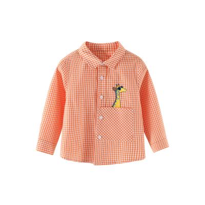 China Baby Plaid Giraffe Pocket Anti-Shrink Spring and Autumn Thin Fashion Warm LOGO Children's Wear Long Sleeve Shirt Can Be Customized for sale