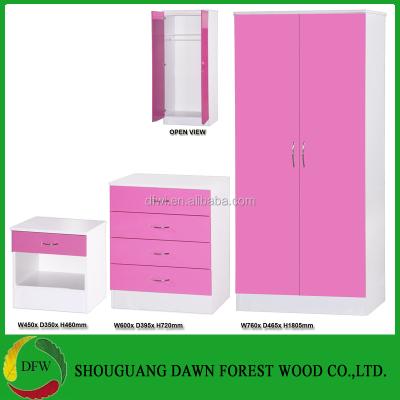 China Eco-friendly 3 Piece Bedroom 2 Door Wardrobe Chest Pink And White High Gloss Bedside for sale