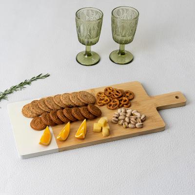 China Sustainable Wooden Bamboo Bread Cutting Board Cheese Board With Handle Serving Board For Breakfast And Fruits for sale