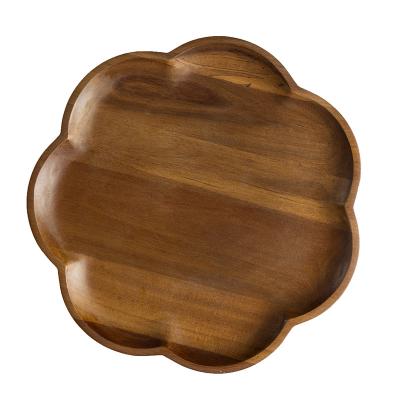 China Petal Shape Viable Logo Acacia Wooden Cheese Dessert Trays Custom Food Serving Tray Plate Tea Coffee Cup for sale