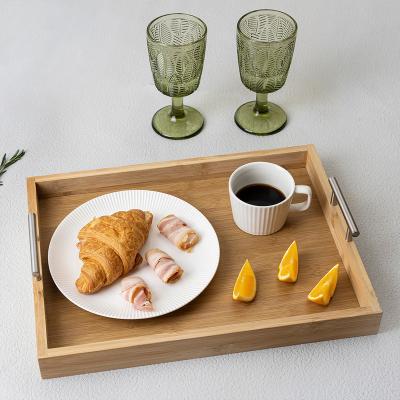 China Sustainable Wholesale Custom Bamboo Wooden Wood Tray Large Serving Table Serving Tray With Mental Handle for sale