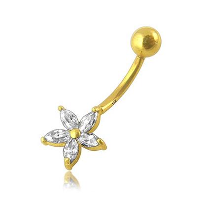 China CLASSIC Solid Gold 14K Yellow Gold Jeweled Fancy Flowers with CZ Stone Belly Ring Jewelry for sale