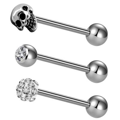 China Clear CZ Stainless Steel 3pcs Tongue Barbells With Skull Shape Tongue Rings Body Jewelry Tongue Piercing for sale