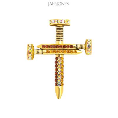 China Vintage Trendy Custom Luxury Metal Rhinestone New Product Fashion JAENONES Cross Brooch For Women Men for sale