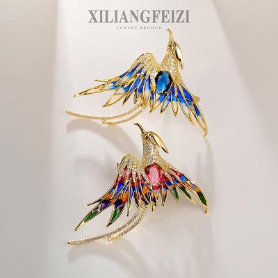 China High Quality Copper Temperament Royal Enamel JAENONES Oil Jewelry Zircon Bird Brooch Colorful Drip Phoenix Brooches for sale