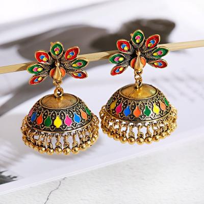 China Vintage QIANZUYIN Enamel Metal Jewelry Bohemian Peacock Drop Birdcage Alloy Bell Dangling Earrings for sale