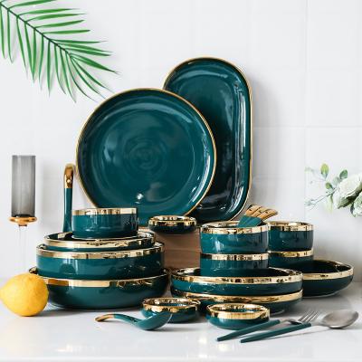 China Sustainable Ceramic Luxury Green Dinnerware Sets Dishes Sets Dinnerware Bowls Dish For Restaurant for sale