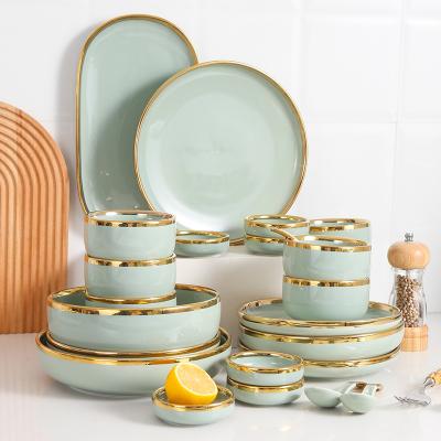 China Sustainable New Products Ceramic Dinnerware Sets Dinnerware Sets Luxury Dishes Sets Light Green Dinnerware for sale