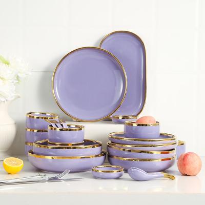 China New Sustainable Item Porcelain Dinnerware Sets Luxury Purple Dishes Sets Ceramic Dinnerware Dinner For 6 People for sale