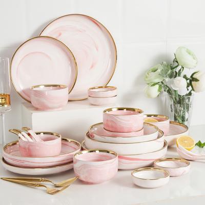 China Sustainable Design Ceramic Dinnerware Set Dinnerware Set Luxury Marble Pink Dishes Sets Dinnerware For Wedding for sale