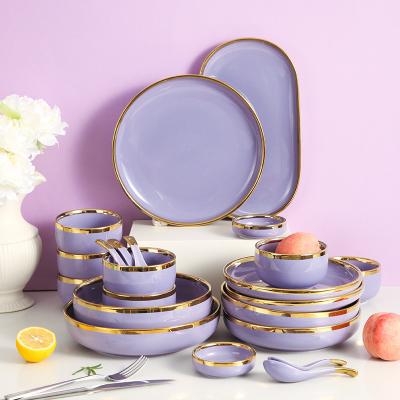 China Sustainable Luxury Purple Porcelain Dinnerware Sets Dining Dishes Dinnerware Gold Plated Dinnerware Set For Wedding for sale