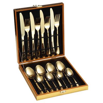 China Wholesale 16 Pcs Stainless Steel Sustainable Gold Black Cutlery Set Flatware With Wooden Box for sale