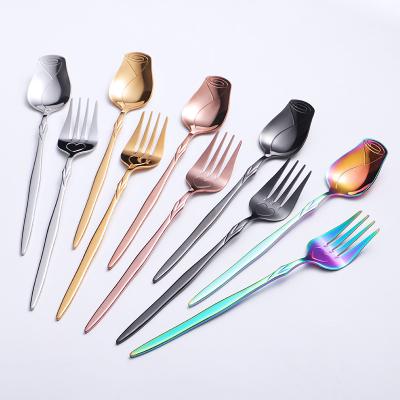 China Sustainable Creative Gold Plated Flower Shape Dessert Spoon And Fork Set Stainless Steel for sale