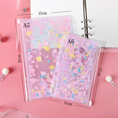 China A5 A6 PVC Zipper Pouch With Sequins Wholesales / Customize 6 Rings PVC Zipper Folder Holder Documents Bag for sale