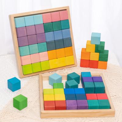 China Building Toy Kids Mosaic Large Square Particle Building Blocks Stacking Toys Montessori Early Education Rainbow Building Blocks Wooden Toys for sale