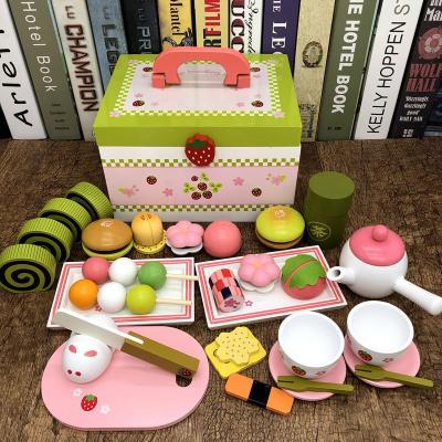 China Eco-Friendly Portable Indoors Montessori Materials Strawberry Donut Party Age3+ Girls Pretend Wooden Play House Dessert Cutting Kitchen Toys for sale