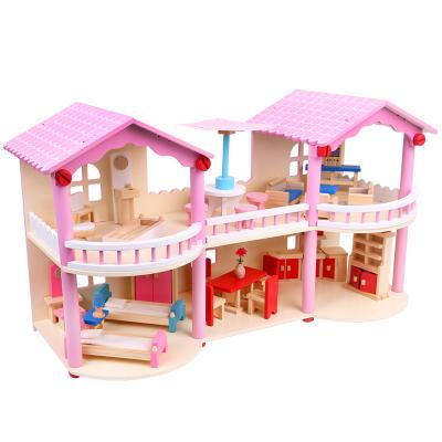 China Hot Popular Wooden House Wooden Children's Large Simulation Doll Pink Wooden Villa For Girls' Gift Wooden Role Pretend Play Toys For Child for sale