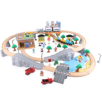 China 95PCS Educational Wooden Train Tracks Set For Kids Children Learning Toy Fun Road Crossing Track Game Railway Train Set Building Toys for sale