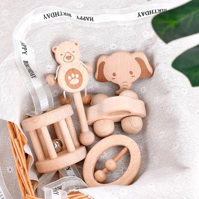 China Early Education Toddler Juguetes Para Bebes Teether Rattles Elephant Car Waldorf Toys Musical Instrument Toys Wooden Baby Rattle for sale