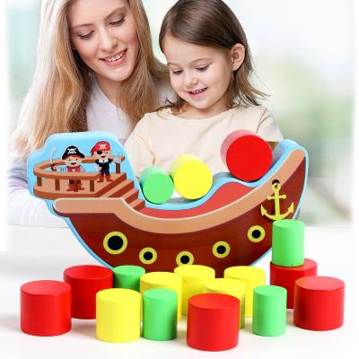 China Newest Sale Early Educational Wooden Building Blocks Kids Tower Interactive Game Wooden Ship Balance Blocks Game Toys For Kid for sale