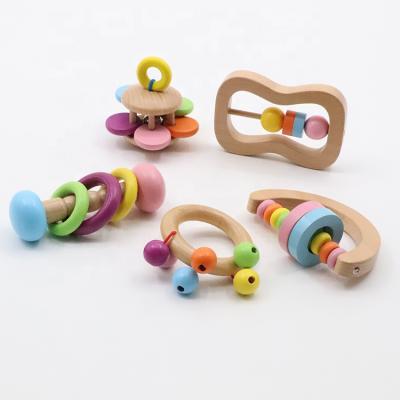 China Eco-Friendly Macaron Color Baby Rattles Hold Rattles Toy Set Wooden Rattles Hand Bell Gift Baby Toy for sale