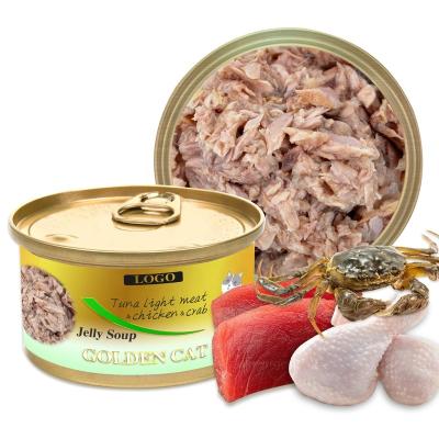 China Skin & Coat Health Golden Cat Tuna Light Meat & Chicken & Crab Flavor Jelly Soup 80 gram 170 gram Canned Cat Wet Food Pet Can Food for sale