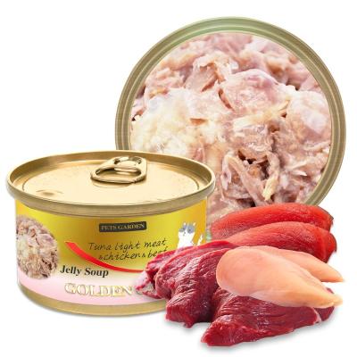 China Skin & Coat Health Golden Cat Tuna Light Meat & Chicken & Beef Jelly Soup 170 gram Canned cat snack treats for sale