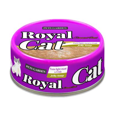 China Skin & Coat Health Royal Non-polluting Juicy 80g 100g OEM ODM Cat Snacks Treats Canned Tuna & Crab Jelly Soup pet can food for sale