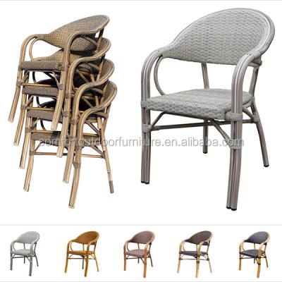 China Stacking Wood Look Synthetic Rattan Wrapping Chair With Flat Rattan Woven Gray Color Dining Chair for sale