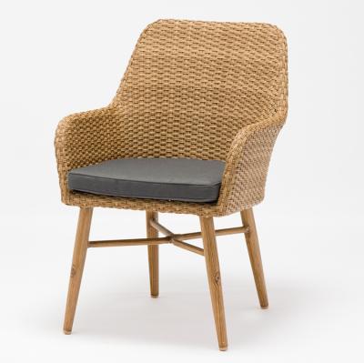 China Modern All Weather Plastic Rattan Woven Dining Chair Armchair Leisure Chair With Cushion for sale