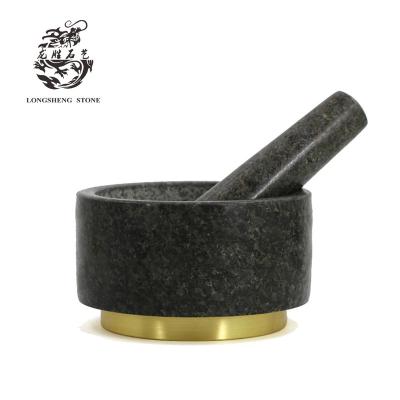 China Sustainable Mortar And Pestles Natural Stone Grinder Gray Kitchen Tools With Copper Base for sale