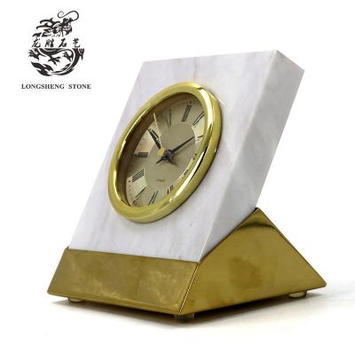 China 2021 New Style Antique Design Desk Table Art Natural Marble Clock With Metal Base for sale