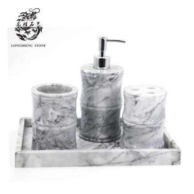 China Sustainable Shampoo Bottle Soap Dish Liquid Soap Dispenser Marble Toothbrush Holder Bathroom Set for sale