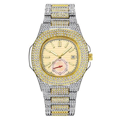 China Stainless Steel Men's Brand Diamond Watch Hip Hop Gold Calendar Quartz Watch for sale