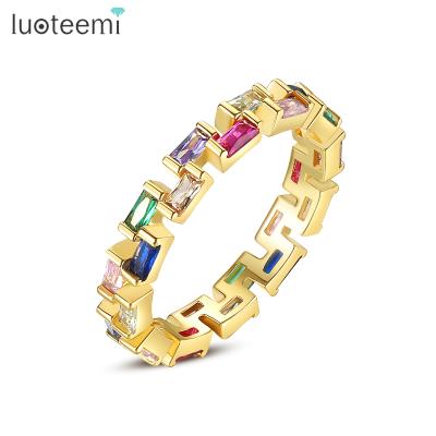 China LUOTEEMI FASHIONABLE Rainbow Zircon Stone Trending Geometric Band Rings For Women 2021 for sale