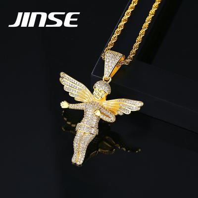 China Hiphop JINSE Hip Hop Angel Necklace Gold Plated and Iced Out Zircon Charm Jewelry Luxury Woman Pendant for sale