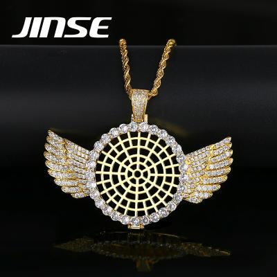 China Luxury Hiphop JINSE Zircon Iced Out Large Circle Angle Wing Hip Hop Angel Necklace Photo Pendant for sale