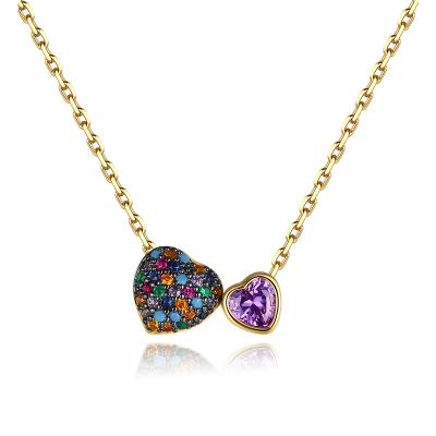 China LUOTEEMI Rainbow Zircon Pendant Necklace Double Heart Double Heart Pendants FASHIONABLE Cute Girl Zirconia for sale