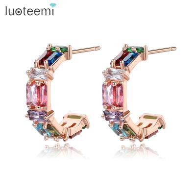 China LUOTEEMI Quarry Office/Gold Plated AAAAA Zircon Rainbow Color Circle Easter CZ Brass Circle Earrings Women Earing for sale