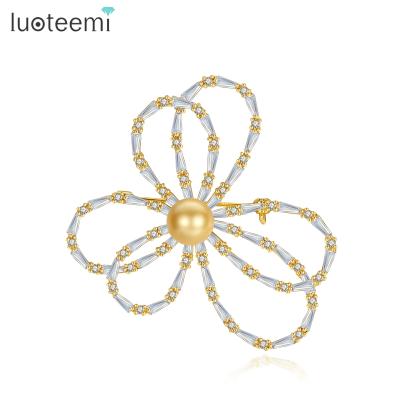 China Wholesale 2020 Fashion LUOTEEMI ALLOY New Flower AAA Cubic Zircon Brooch Pin for Ladies Pearl Jewelry for sale