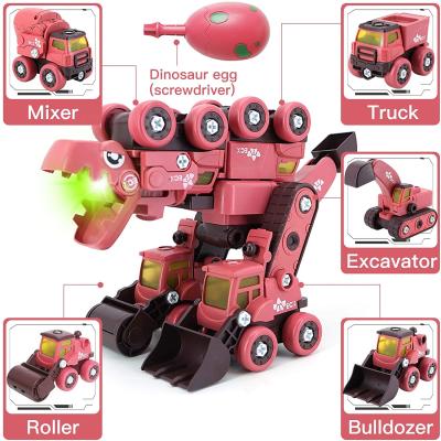 China Cartoon Toy Special STEM building blocks 5 in 1 take apart dinosaur toys 5 construction trucks transform dinosaur robot toys for kids for sale