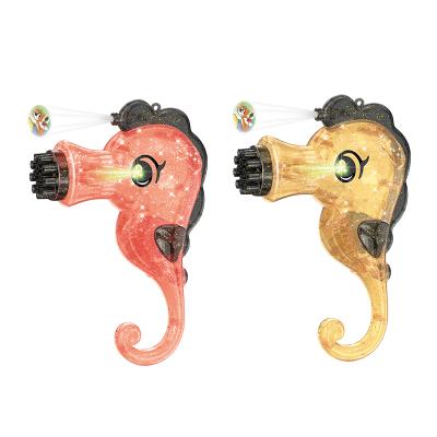 China 2021 New Outdoor Suitable Tiny Grip Fir Design Cartoon Seahorse Soap Bubble Soap Bubble Shooting Guns With 13holes Bubble Machine With Light Toys for sale